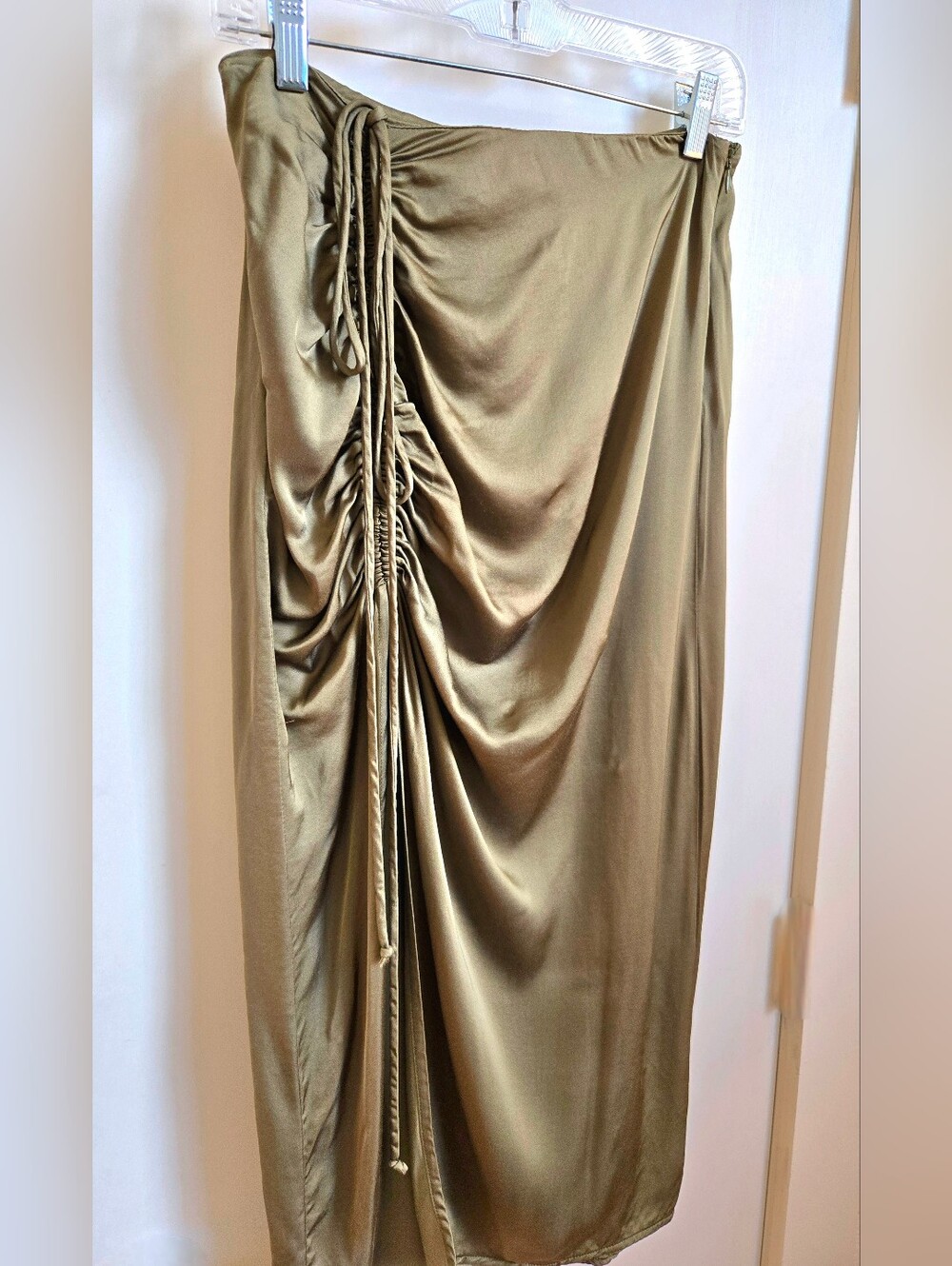 Olive Drawstring Ruched Maxi Skirt - Picture 2 of 5